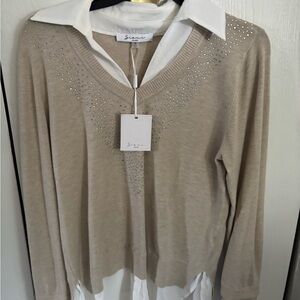 Beige Sweater with White Collar Detail